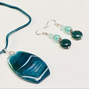 Dark Teal-Green White Onyx Stone Necklace & Agate Earrings Set